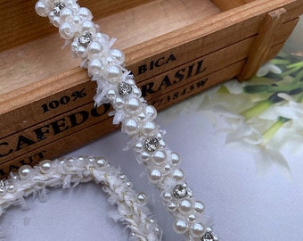 Delicate Beaded Pearl Trim, Gold Thread Rhinestone Trim for Headbands, Coats, Gowns, Bags, Sewing Crafts Trimming