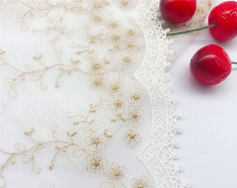 Branche de fleur en feuille d'or brodée de dentelle en maille blanc cassé pour robe de poupée, cosplay, voile, robe de mariée