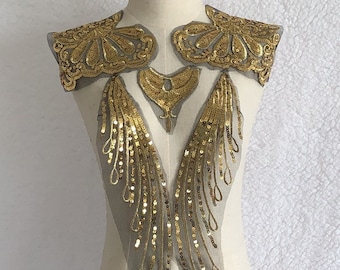 Gold Sequin Lace Applique, Bridal Bodice Lace, Wedding Dress Applique, Dancing Costume Lace, Mesh Embroidery Lace Applique