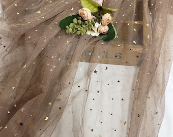 Gold Star Moons Lace Fabric, Sequin Star Tulle Fabric for Bridal Dress, Tutu, Photography Gown, Veil, Weddings