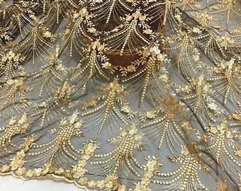 Gold Lace Fabric, Vintage Gold Floral Embroidery Black Mesh Tulle Lace Fabric For Evening Dress, Bridesmaid Gowns, Wedding Dress