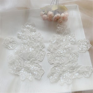 1 paar luxe kralen geborduurde kant appliqué, mesh kralen kant appliqué, voor DIY mode jurk bruids kant appliqué
