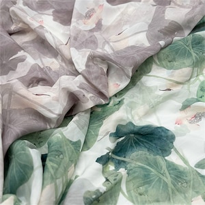 Elegant Lotus Print Chiffon Fabric, Soft Chiffon Fabric, Dress, Tops, Curtains, Backdrop, Sewing, Crafts DIY, Fabric by the Yard