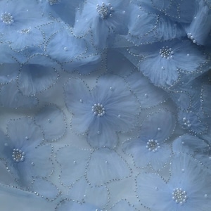 Fairy blue 3d floral embroidery lace fabric, pearl beaded lace fabric, embroidered mesh fabric for dress, gown, weddings, veil
