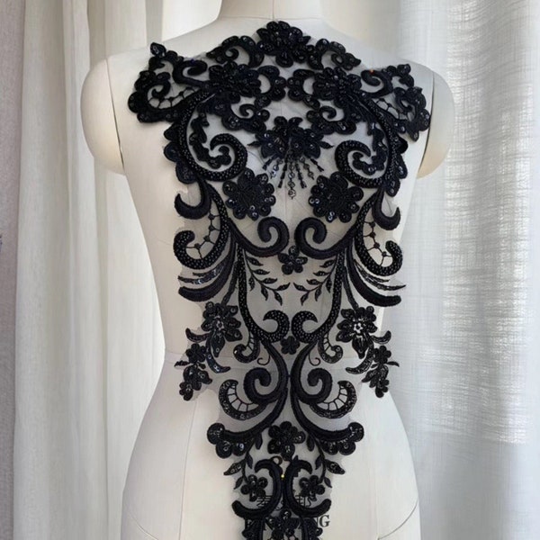 Black Beaded Lace Applique, Alencon Beaded Applique, Heavy Beaded Bridal Lace Applique for Bridal Gowns, Boleros, Garments, Costume Design