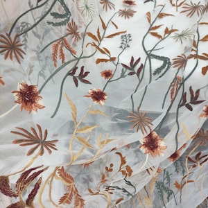 Delicate Floral Embroidery Tulle Fabric, Leafs Flowers Soft Tulle Fabric for Party Dress, Gown, Formal Dress, Costume Garments Sewing
