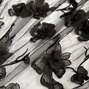 Black 3d Flower Tulle Fabric, Floral Embroidery Fabric for Dress, Home Decor, Crafts Garments Sewing Fabric by the Yard