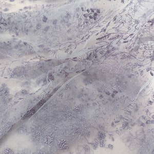 Beautiful Purple Flower Embroidery Tulle Fabric, Glitter Dots Floral Lace Fabric for Wedding Dress, Party Dress, Bridal Veil, Curtain Sewing
