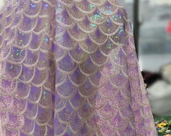 Iridescent Shinny Sequins Fabric, Fish Scales Embroidery Lace for Dance Costume, Cosplay, Ball Gown, Party Dress, Mermaid Skirt, Sewing