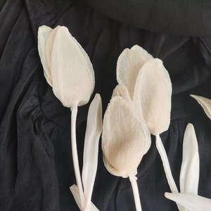 3 pezzi, romantico fiore di tulipano in organza applique, champagne/nero/bianco pizzo decorazione floreale per top, abiti, artigianato indumenti cucito