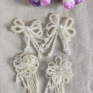 Ivory Pearl Bow Tie Tassels Applique, Pearls Beaded Flower Patch for Brooch, Hair Crafts, Bags, Dress, Gown, Shoes, Costume, Crafts Sewing