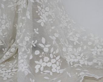 Off White Floral Organza Fabric, Cotton Flower Embroidered Dress Fabric by the Yard, Sewing Garments, Costume Design