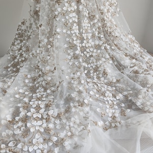 Fairy Flower Leafs Embroidered Tulle Fabric, Soft Tulle Gold Thread Floral Fabric for Bridal Gown, Party Dress, Veils, Prom Evening Dress