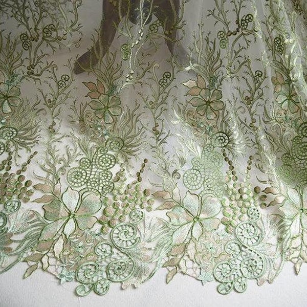 Green Gold Hollow Out Lace Fabric, Vintage Embroidered Floral Lace Fabric, Bridal Wedding Fabric New Design
