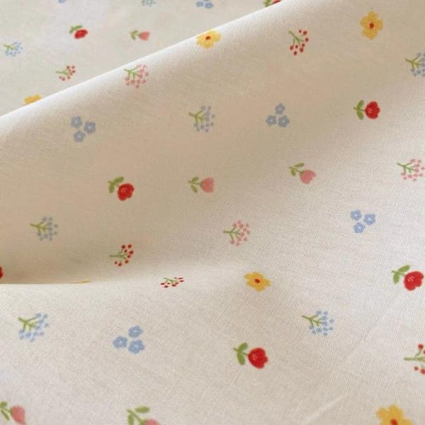Light beige small floral cotton fabric, Colorful flower print cotton lace for dress, skirts, blouse, curtains, hair tie, headbands, crafts