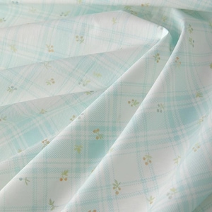Fresh aqua green plaid cotton fabric, Cute flower print fabric for girls dress, skirts, blouse, pillowcase, tabletop, headband, doll clothes