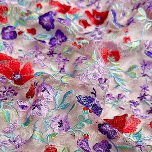 Purple Red Multi-color Flower Embroidery Lace Fabric, Pretty Aesthetic Tulle Fabric for Wedding Dress, Ball Gown, Party Dress, Costumes
