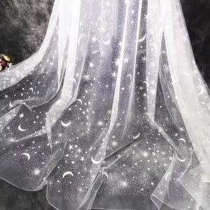 Sparkly Moon Star Fabric, Soft Mesh Glitter Lace Tulle Fabric for Wedding Dress, Party Gowns, Wedding Veils, Home Decoration Fabric By Yard