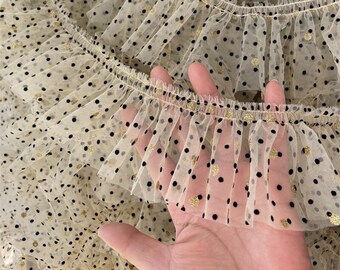 Light Apricot Chiffon Ruffle Lace Trim, Polka Dot Chiffon Lace Trim, Pleated Lace Trim for Baby Dress, Garment, Doll Dress, 2 Yards