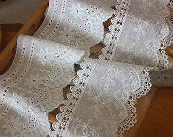 Off White Cotton Lace Trim for Curtains, Delicate Floral Embroidered Scalloped Trimming for Dress, Tablecloth, Costume Design, Crafts DIY