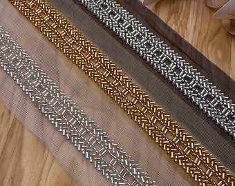 Beautiful Beaded Trim On Mesh, Beads Lace Trimming For Gowns, Belts, Dress, Sewing Trim, Garments, Crafts Applique Sell By the Yard