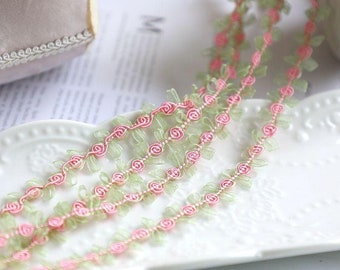 3 Yards Pink Rose Flower Trim, Cute Style Leafs Floral Mesh Lace Trim for Girls Dress, Doll Dress, Headbands, Choker, Costume, Crafts Sewing
