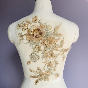 Dusty Pink Lace Applique, Exquisite 3D Floral Lace Applique, Beaded Bridal Applique, Embroidered Lace Applique with 3D Flowers
