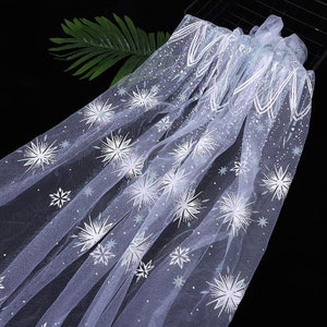 Frozen Snowflake Print White Tulle, Glitter Snowflake Lace Fabric for Costumes, Girls Dress, Tutu Dress Skirts, Veils, Cosplay, Party Decor