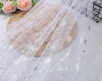 White Blue Snowflake Print Tulle, Silver Glitter Snowflake Lace Fabric for Girls Dress, Veils, Costume, Tutu Skirt, Cosplay, Home Decoration