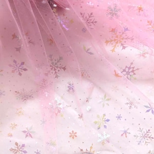 Cute Pink Snowflake Print Tulle, Shinny Tulle Lace Fabric for Tutu Skirt, Veils, Princess Dress, Bridal Gown, Dance Costumes, Crafts Sewing