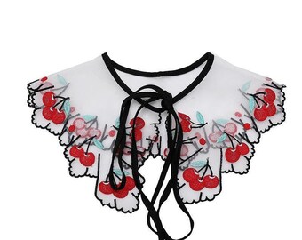 Adorable Cherry Embroidery Organza Lace Collar, Detachable Collar, Fake Collar for Girl Dress, Custome Design, Dress DIY
