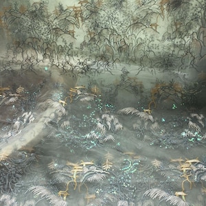 Unique Pavilion Mountains Embroidery Fabric, Sequins Organza Fabric for Wedding Dress, Prom Gown, Veils, Doll Dress, Lace Curtains, Costumes