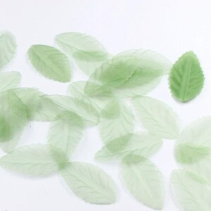 Puede incluir: Una colección de pequeñas hojas de tela translúcida de color verde claro con detalles de venas visibles. Estos adornos individuales en forma de hoja están dispersos por el marco, mostrando una textura suave y transparente.