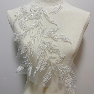 Sequin Flower Leafs Embroidery Applique, Beaded Mesh Floral Applique for Wedding Dress, Bridal Gown, Evening Dress, Dancing Costume, Couture