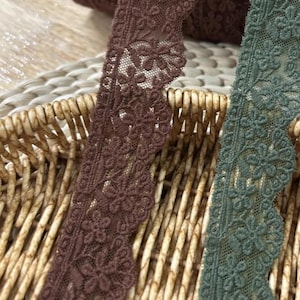 Ribete de encaje verde oscuro/café, ribete bordado con flores festoneadas para ropa de muñecas, collar de encaje, diseño de vestuario, mantel, manualidades.