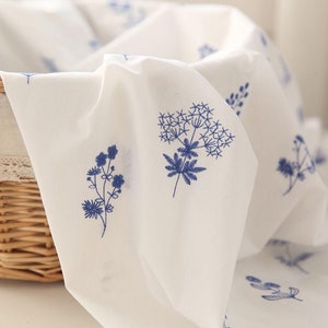 Pretty Blue Flower Embroidered Cotton Fabric, Floral Cotton Lace Fabric for Wedding Dress, Blouse, Tablecloth, Costumes, Curtains, Crafts