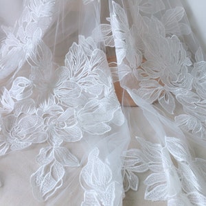 Elegant Bridal Dress Fabric Ivory Embroidered Lace Fabric with Clear Sequins Flower Fabric Wedding Lace Fabric  By The Yard