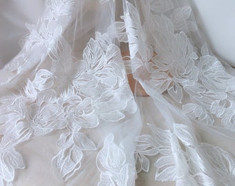 Elegant Bridal Dress Fabric Ivory Embroidered Lace Fabric with Clear Sequins Flower Fabric Wedding Lace Fabric  By The Yard