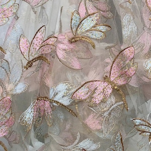 Illusion Butterfly Lace Fabric Sequined Butterfly and Dragonfly Embroidered Tulle Fabric Bridal Gown Fabric By The Yard 51" Wide
