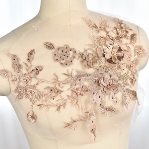 3D Appliques Sequins Beads Trim Champagne Gold Bridal Beaded Lace Applique