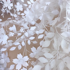 Beautiful Ivory Embroidered 3d Leaf Floral Tulle Mesh Lace Fabric For Wedding Dress, Prom Gown, Couture Design, Flower Girls Dress