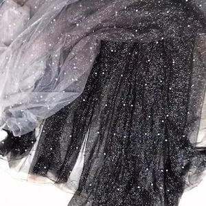 Gradient Glitter Lace Fabric Pearl Beaded Dark Blue Tulle Fabric For Baby Tutu Dress, Gown, Wedding Dress, Party Decoration 1 Yard Black