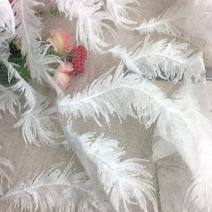 May include: White feather trim fabric with a delicate mesh background. The fabric is soft and airy, with a subtle sheen.