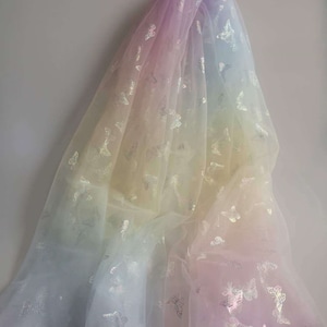 Dream rainbow tulle fabric with gradient colors, print butterfly ombre tulle fabric, butterfly lace fabric, bridal tulle lace fabric