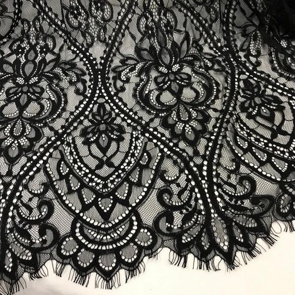 Gorgeous Black / Off white Chantilly Lace Fabric, Eyelash Fabric with Scalloped Edge Trim For Curtain, Bridal Veils, Wedding Gown