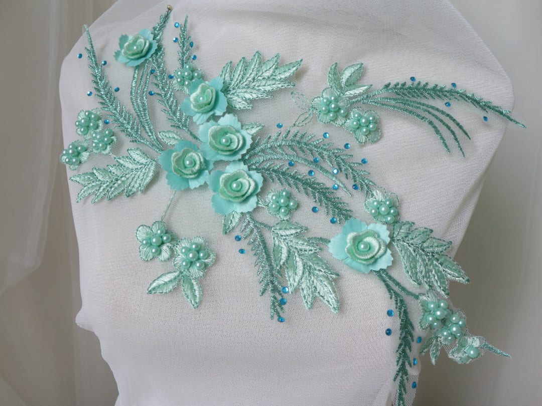 3D Petal Flower Beaded Applique Mint Green Pearls Beaded Lace Etsy