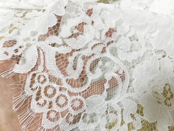 Floral Corded Eyelash Lace Fabric in Ivory Alencon Chantilly