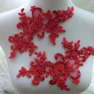 One Pair Red Applique Sequined Embroidered Lace Applique for Bridal, Gowns, Sewing image 3