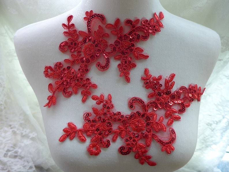One Pair Red Applique Sequined Embroidered Lace Applique for Bridal, Gowns, Sewing image 3
