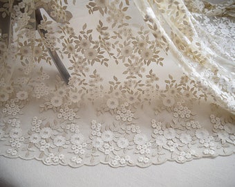 Soft Champagne Off White Gold Thread Lace Fabric, Leaf Embroidery Tulle Lace, Mesh Lace Fabric
